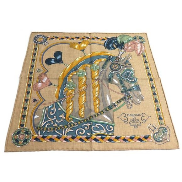Hermes Carre 45 Gavroche Harnais de Coeur Arnais De Coeur Scarf Caramel